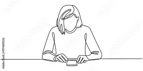A single line drawing of a focused woman sitting at a table while looking down at her smartphone