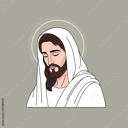 A serene illustration of Jesus Christ with closed eyes and a halo, draped in white robes against a muted background.