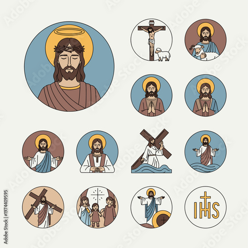 Collection of Jesus Christ icons depicting various biblical scenes and symbols, including the crucifixion, baptism, and the Good Shepherd.