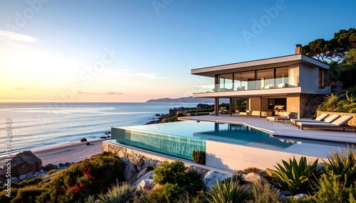 Luxurious modern oceanfront home with infinity pool at sunrise. Expansive windows reveal stunning sea views. Gentle waves lap the shore