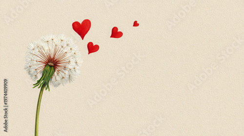 Dandelion flower illustration with red hearts floating away on a textured beige background, symbolizing love and affection in a whimsical design
