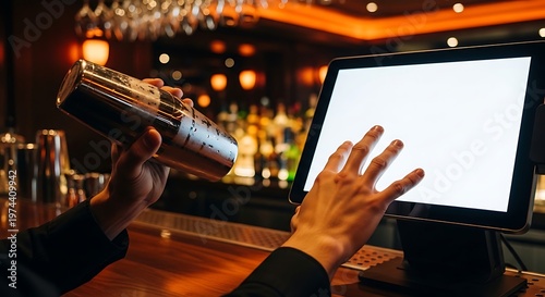 Professional bartender uses digital pos tablet system to manage cocktail drink orders in a modern upscale bar