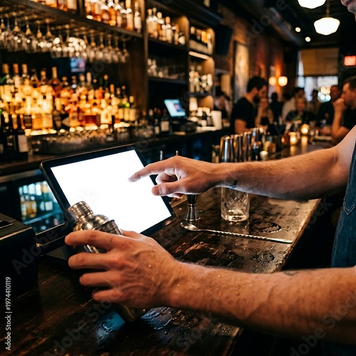 Professional Bartender Using Digital Point of Sale System at a Busy Bar