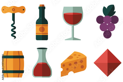 wine tasting icons set featuring corkscrew, glass, barrel, and grapes, elegant vector collection for winery branding, sommelier tools illustration, beverage theme design elements.