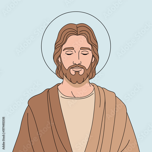 A serene illustration of Jesus Christ with closed eyes and a halo, depicted in a simple, stylized manner against a light blue background.