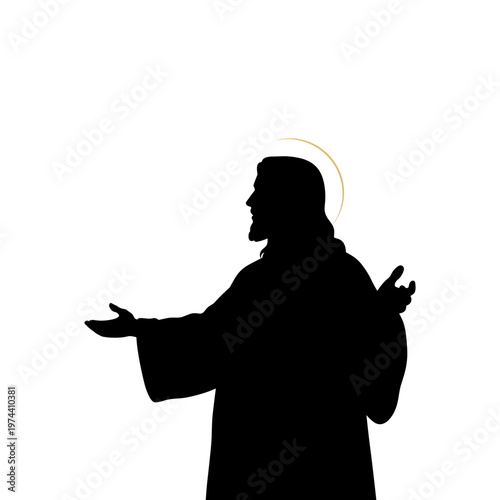 Silhouette of Jesus Christ with outstretched arms and a golden halo, depicted against a clean white background, symbolizing welcome or blessing.