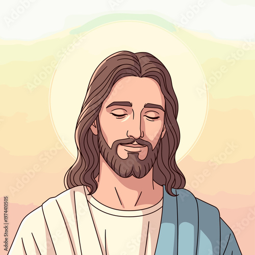 Fotografie Cartoon illustration of Jesus Christ with a serene expression, closed eyes, and a halo, depicted with long hair and a beard, wearing a white robe and blue sash