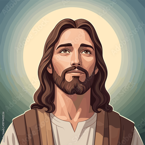 Stylized portrait of Jesus Christ with a halo, looking upwards with a serene expression, rendered in a modern illustrative style.