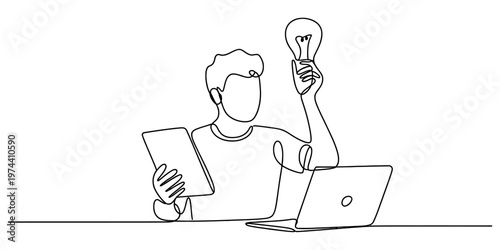 A continuous line drawing of a person thinking of an innovative idea while working on a computer