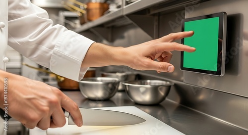 Professional Chef Using Digital Tablet Touchscreen Interface In Modern Commercial Kitchen Environment