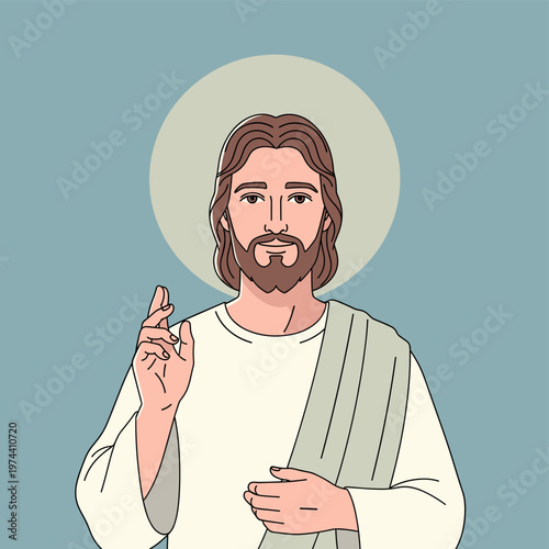 Stylized illustration of Jesus Christ with a halo, raising his hand in a gesture of blessing or teaching, against a light blue background.