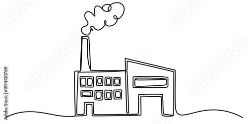 A minimalist single line drawing of an industrial factory emitting thick smoke from its chimney