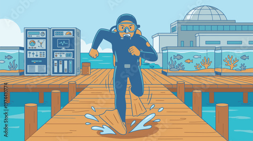 Diver Running on Wooden Pier Over Water.