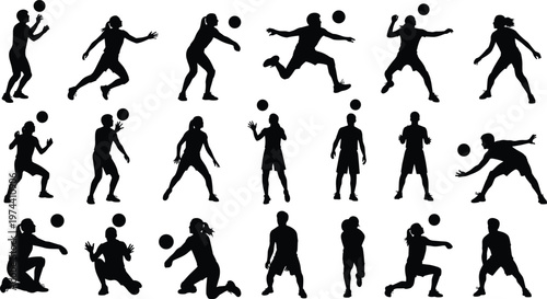Large collection of black silhouettes featuring male and female volleyball players serving spiking and digging isolated on white background for sports and athletic team designs