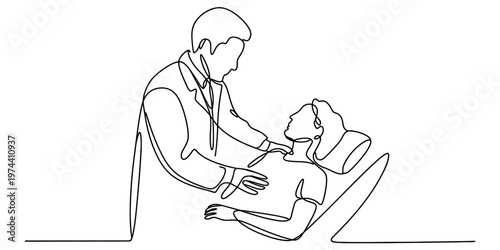 A single continuous line drawing of a doctor performing a medical examination on a sick patient