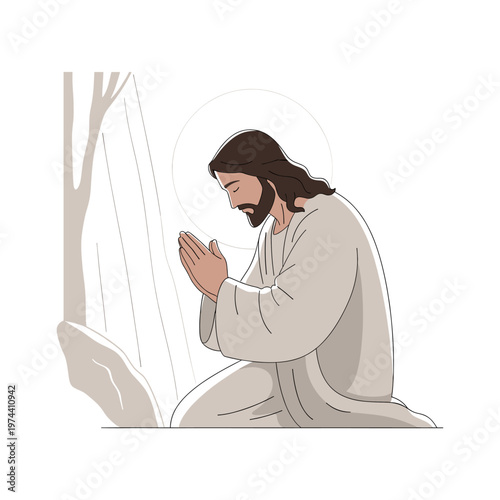 Jesus Christ kneeling in prayer with hands clasped, a halo, and a serene expression in a minimalist outdoor setting.