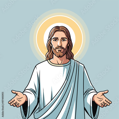 A stylized illustration of Jesus Christ with a halo, arms outstretched in a welcoming gesture against a soft blue background.
