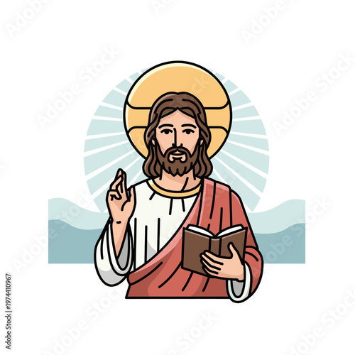 Illustration of Jesus Christ with a halo, holding a holy book, and making a blessing gesture, depicted in a modern flat design style.