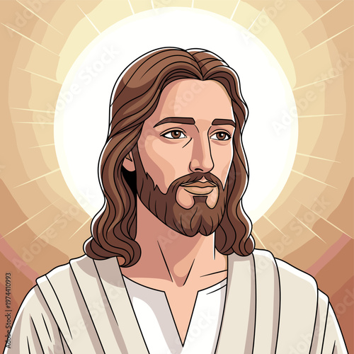 Cartoon illustration of Jesus Christ with a radiant halo, depicting a serene and spiritual figure in a gentle art style.
