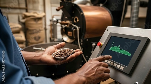 Professional Coffee Roaster Monitoring Temperature Data on Touchscreen Control Panel During Bean Processing