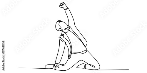 A single continuous line drawing of a businessman in a suit performing a yoga stretching pose
