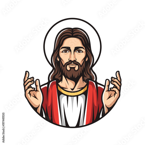 Stylized vector illustration of Jesus Christ with a halo and open hands, symbolizing blessing or welcome, in a clean iconic style.