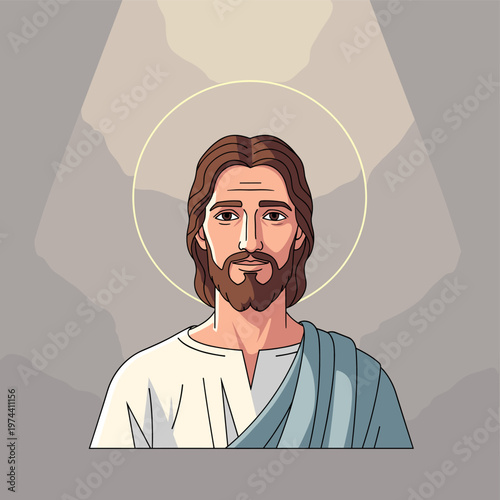 Cartoon illustration of Jesus Christ with a halo and blue robe, looking forward with a gentle expression.
