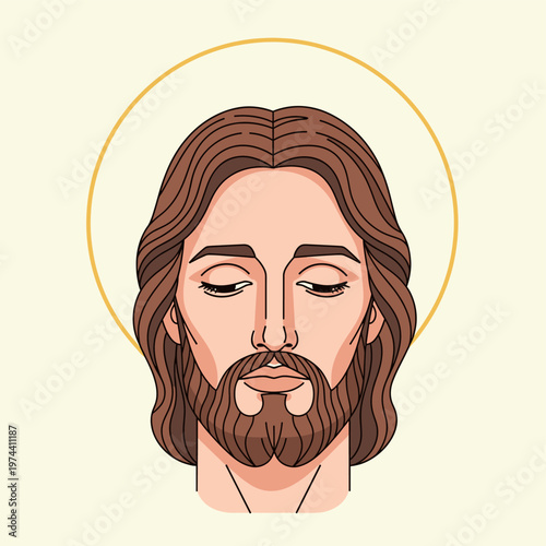 Stylized illustration of Jesus Christ's head with a golden halo, featuring brown hair, a beard, and closed eyes in a serene expression.