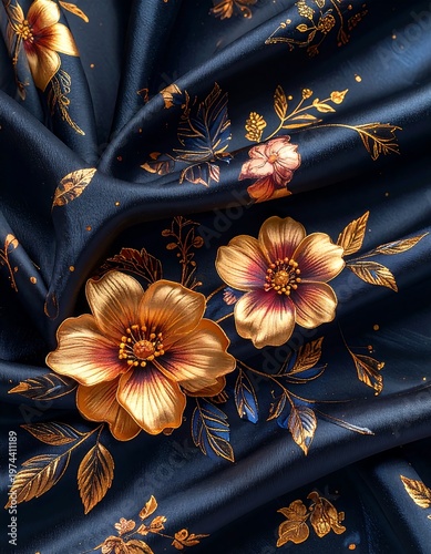 Two vibrant, gold-toned floral arrangements adorn deep navy fabric, showcasing intricate details, and delicate folds