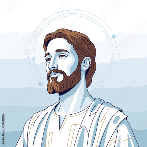 A stylized illustration of Jesus Christ with a beard and halo, depicted in a serene and contemplative pose against a soft blue and white background.