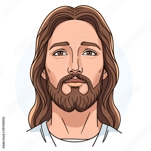 Cartoon illustration of Jesus Christ with long brown hair and beard, depicted with a calm and serene expression.