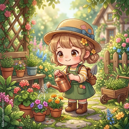 Little girl watering flowers garden.