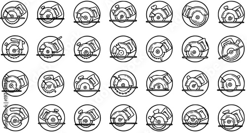 Black and White Line Art Icons of Circular Saws in a Grid, Construction Tool Symbols