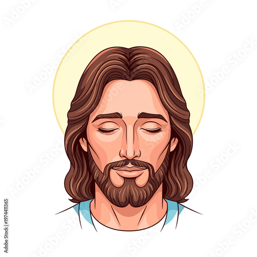 Cartoon illustration of Jesus Christ with closed eyes and a halo, depicting a serene and peaceful expression.