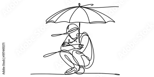A continuous line drawing of a person sitting in a crouching position underneath an umbrella.