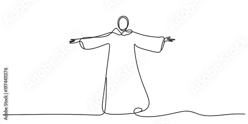 Minimalist continuous line drawing of a person wearing a robe with arms outstretched wide open