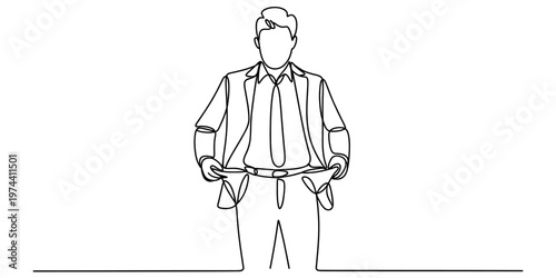 A single continuous line drawing of a businessman showing empty pockets to express no money left