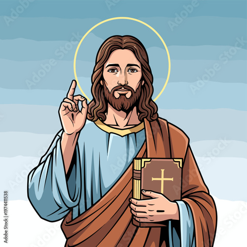 Cartoon illustration of Jesus Christ with a halo, holding a Bible, and making a teaching gesture against a blue sky background.