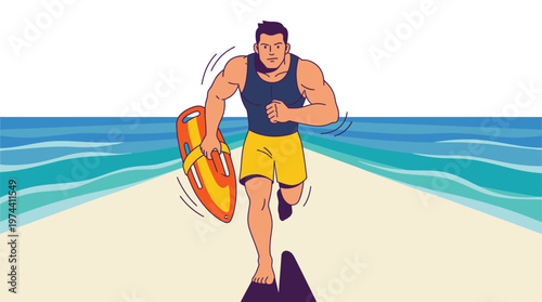 Young Man Running on Beach with Lifebuoy and Flippers.