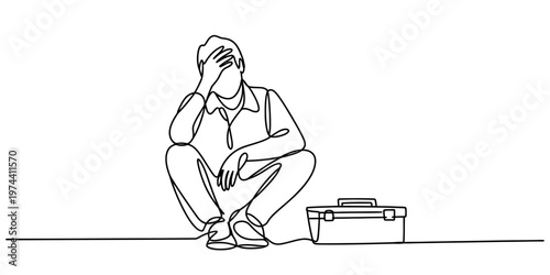 A continuous line drawing of a stressed worker sitting on the ground next to a heavy toolbox.