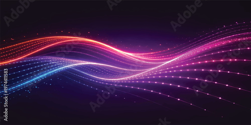 Futuristic Neon Digital Data Wave with AI Network Grid, Big Data Flow Visualization, Abstract Technology Background for Global Business.