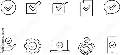 Minimalist check mark icon set, 10 black line vector elements for business approval, success tick symbols for web and mobile interface design