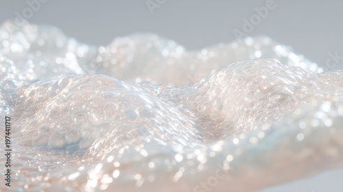 Artificial skin transplantation concept showing luminous white biocompatible hydrogel tissue with translucent cellular bubbles. Ideal for regenerative medicine, biology and science research.