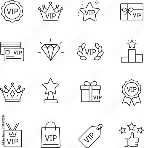 VIP loyalty program line icons, set of 16 premium membership vector symbols, luxury reward and status badges for customer marketing