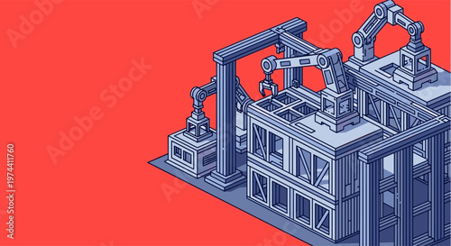 Robotic factory assembling building structure showing industrial automation manufacturing system