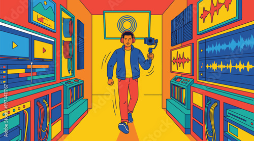 Young man in a colorful music studio with audio equipment.