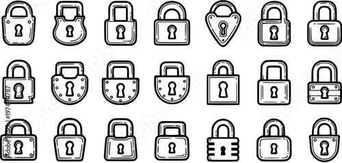 Black and White Line Art Icons of Padlocks in Various Styles for Security and Access Concepts