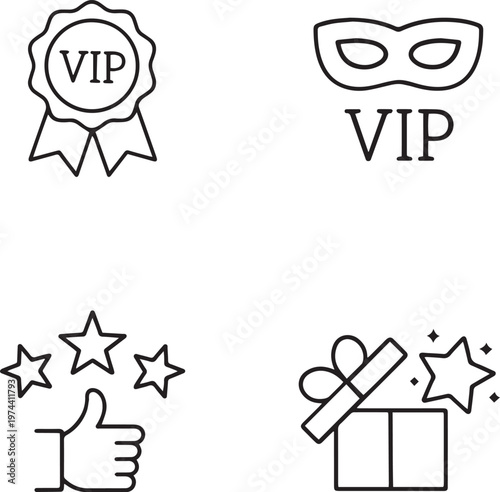 VIP loyalty program icons set, premium membership rewards and exclusive service symbols, 4 black line vector elements for luxury branding