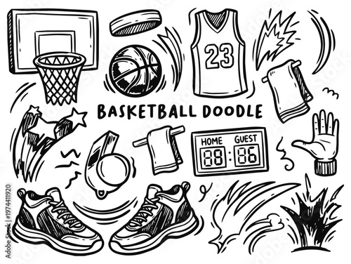 Black and white Basketball Doodle Set Hand Drawn Line Art Illustration with Hoop Ball Jersey Sneakers and Scoreboard