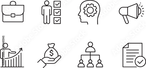 Minimalist business management icons set, professional corporate strategy line art, 8 human resources and marketing vector elements for web design